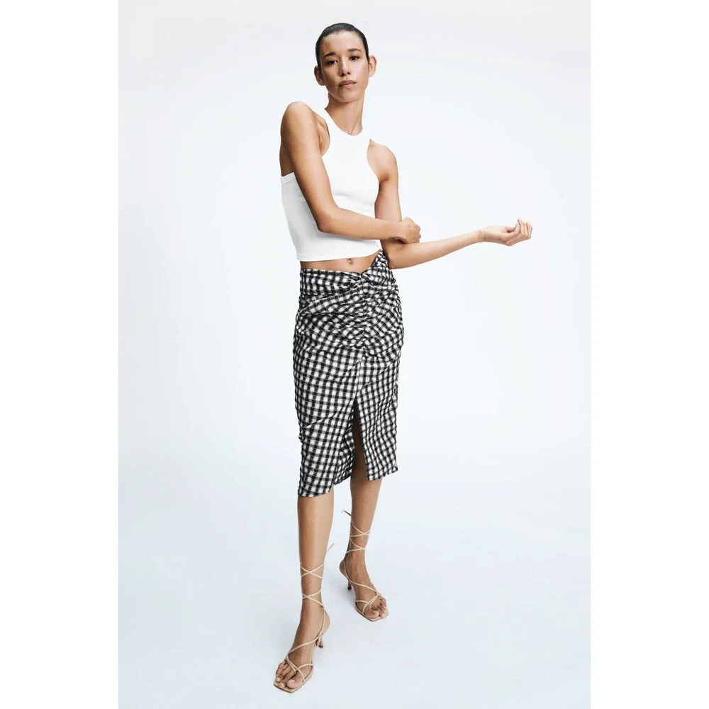 Zara Gingham Print Check Tie-Waist Midi Skirt (NWT)